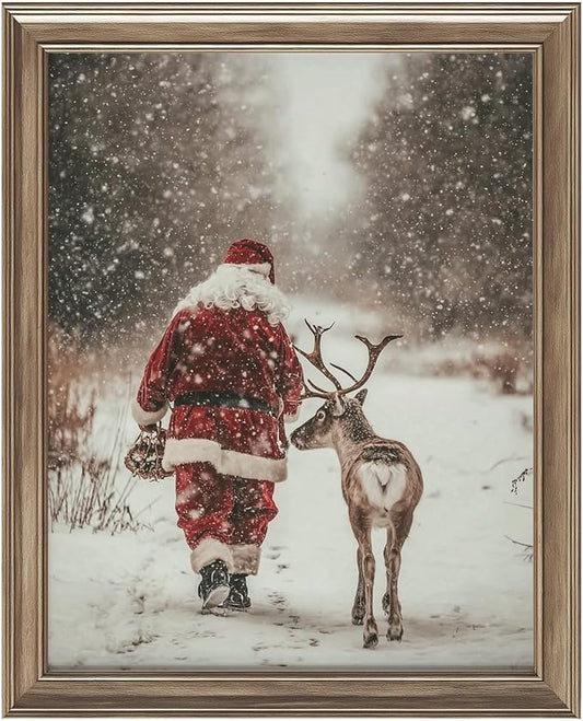 llguiidecal Vintage Santa Claus and Reindeer Wall Art Print, Rustic Christmas Winter Forest Photography, Holiday Farmhouse Snow Scene Print, Cozy Nordic Christmas Decor (11X14 Inch-Unframed)