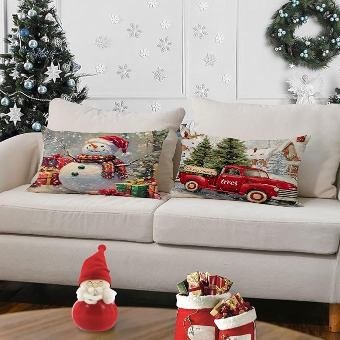 Neatee Living Christmas Pillow Covers 12x20 Set of 4 Farmhouse Xmas Vintage Throw Pillows Christmas Tree Deer Snowman Pillow Cases Outdoor Sofa Couch Cushion Covers for Home Decorations (12 by 20)