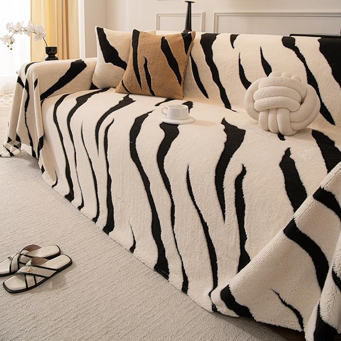 ROOMLIFE Striped Boho White Couch Cover for 2-3 Cushion Sofa, Fuzzy Plush Warm Sofa Slipcovers Sectional Sofas Covers, Non Slip Washable Furniture Protector Soft with Tassel,Winter 71''X118”