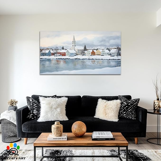 GUTTATY Christmas Winter Scene Canvas Wall Art, Snowy Village Houses & Church Wall Decor, Serene Winter Pictures, Holiday Wall Prints for Living Room, Bedroom, Office, 60x30 Inch