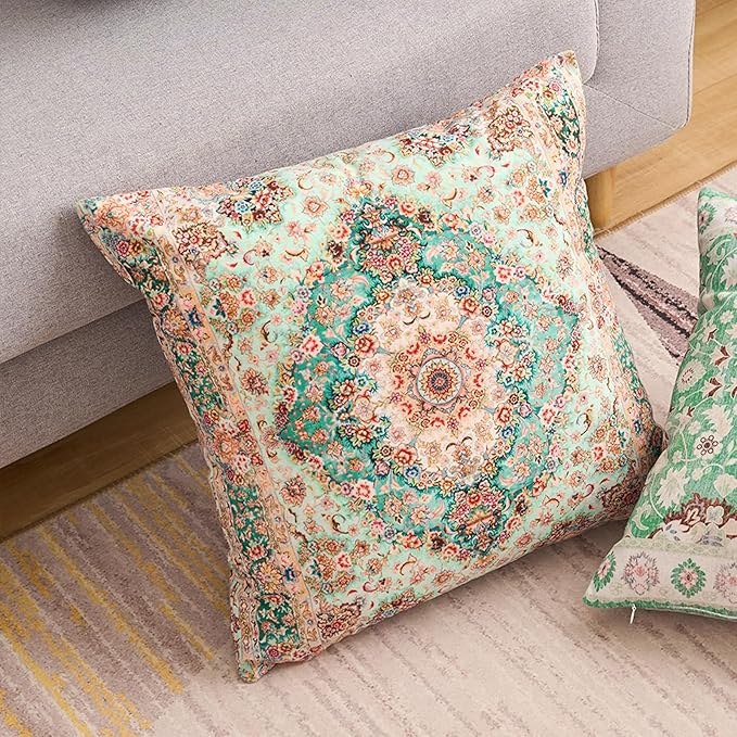 Boho Floral Throw Pillow Covers 16x16 inch Set of 2,Green Boho Rug Geometric Floral Pattern Decor Double Sided Pattern Cushion Cover Soft Pillow Case Living Sofa Room Bed Square Pillow Cover