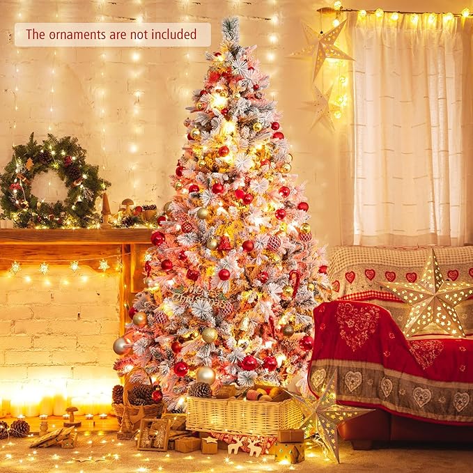 HAPPYGRILL 7 FT Pre-lit Artificial Christmas Tree, Snow-Flocked Xmas Tree with 320 Multi-Color LED Lights, 8 Lighting Modes, 1270 Branch Tips, Pine Needles, Hinged Tree for Home Office Party
