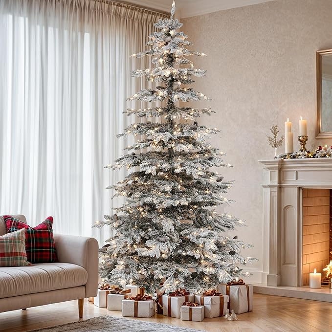 YITAHOME 9FT Prelit Flocked Christmas Tree w/Remote, Pre-Decorated Mountain Pine Hierarchical Tower Flocked Xmas Tree w/ 1818 Tips, 80 Pine Cones, 820 Lights & 11 Modes for Home, Party Decoration