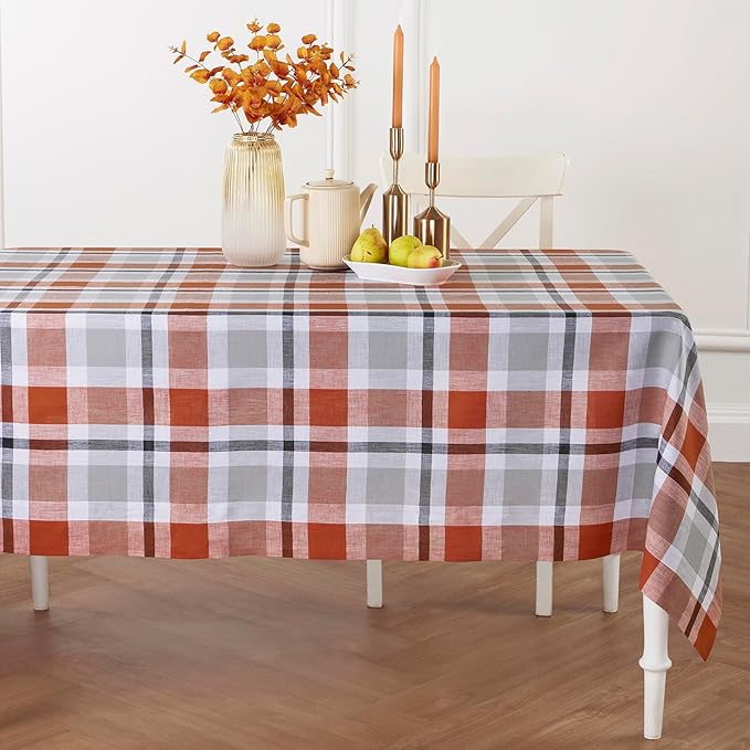 Solino Home Linen Plaid Tablecloth 60 x 108 Inch - 100% Pure Linen Cinnamon Table Cloth for Rectangle Tables - Fall Buffalo Check Machine Washable Tablecloth for Autumn, Holiday, Thanksgiving