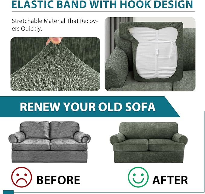 T Cushion Loveseat Slipcover 3 Pieces Sofa Covers for T Cushion Sofa Stretch Slip Covers for 2 Cushion Couch with 2 Individual T Shape Seat Covers (Green, 2 Cushion)
