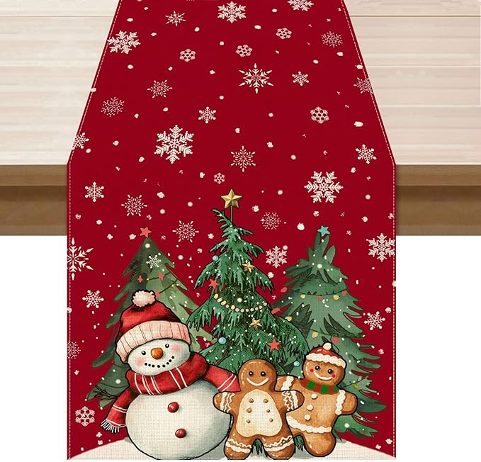 XCHI Winter Red Snowman Gingerbread Man Christmas Tree Xmas Table Runner Table Decoration for Party Home Kitchen Dining Holiday Decor 13x48 Inch