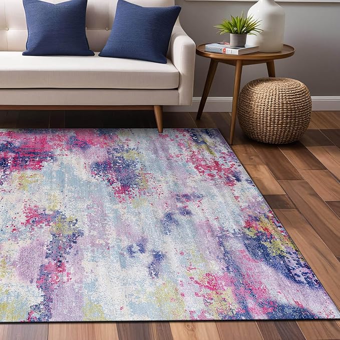 Non Slip Rugs 4x6 Modern Abstract Easy Silk Rubber Backing Soft Area Rug for Living Room Easy to Clean Non Shedding Kitchen for Bedroom Indoor Carpet (Lilac - Purple, 4x6)