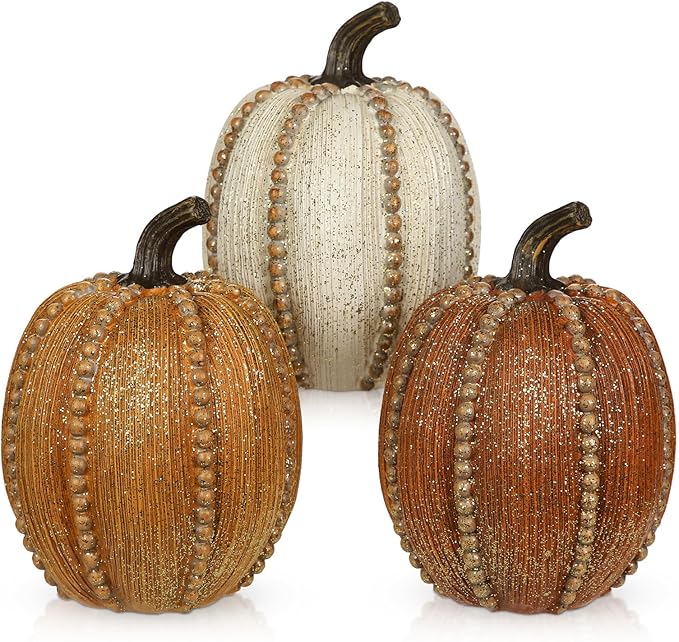 Hollyone Pumpkins Fall Decoration, 3 Pack Resin Pumpkins for Decorating Fake Pumpkin Autumn Rustic Decor for Home Thanksgiving Harvest Halloween Wedding Table Centerpiece Shelf Indoor Outdoor Decor
