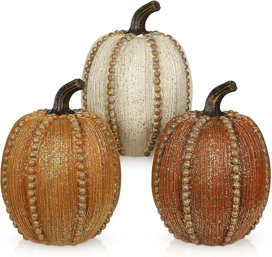 Hollyone Pumpkins Fall Decoration, 3 Pack Resin Pumpkins for Decorating Fake Pumpkin Autumn Rustic Decor for Home Thanksgiving Harvest Halloween Wedding Table Centerpiece Shelf Indoor Outdoor Decor