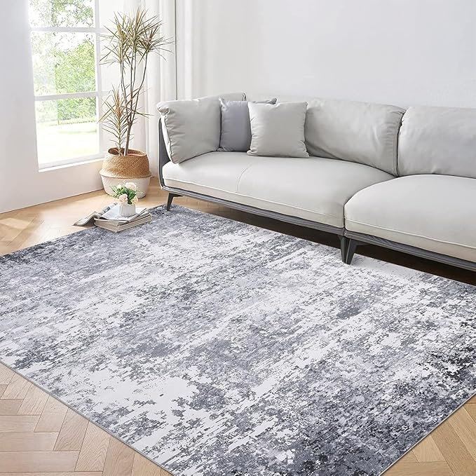 Modern Abstract Rug 3x5 Washable Rug Non Slip Stain Resistant Rug for Bedroom Living Room Non Shedding Low Pile Indoor Floor Cover, Light Grey