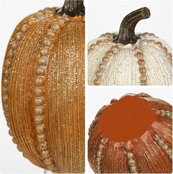 Hollyone Pumpkins Fall Decoration, 3 Pack Resin Pumpkins for Decorating Fake Pumpkin Autumn Rustic Decor for Home Thanksgiving Harvest Halloween Wedding Table Centerpiece Shelf Indoor Outdoor Decor