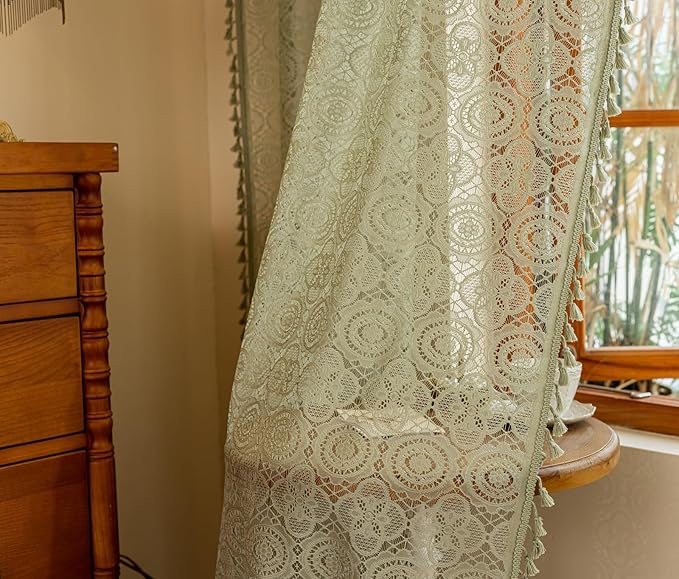 YJ YANJUN Green Sheer Curtains 96 Inches Long, 2 Panels, Vintage Crochet Doily Pattern, Aesthetic Boho Cottagecore Style, Sage Lace Curtains for Bedroom Living Room, 8ft Spring Drapes W59 x L96