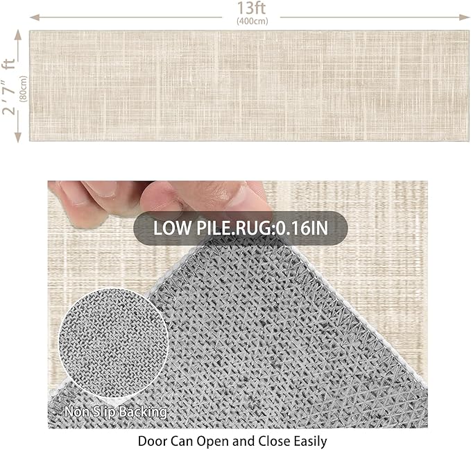 Enkor Runner Rugs for Hallway, 2'7"x13 Washable Soft Non Slip Rugs Abstract for Kitchen, Modern Mat for Entryway Living Room Bedroom Beige Grid