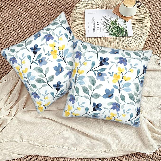 Spring Flowers Pillow Covers 20x20 Inch Set of 2 Blue and Yellow Flower Throw Pillow Cover Vintage Plant Floral Square Pillowcase Cushion Cases for Home Couch Bed Sofa