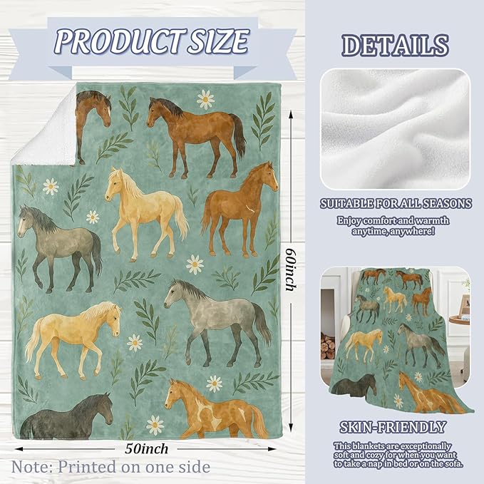 Beautiful Horses Blanket, Daisy and Leaves 80 x 60 Inch Flannel Throw Blanket, Gifts for Women Kids, Lightweight Cozy Warm Blankets for Sofa Travel Home Decor