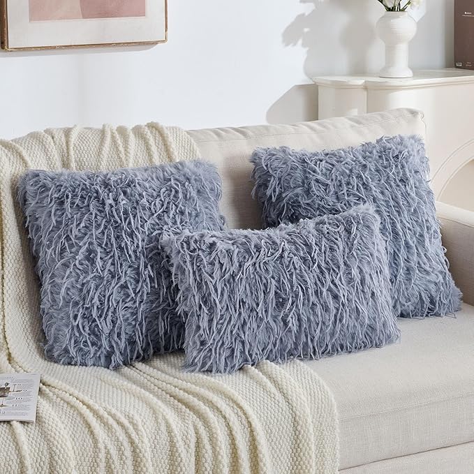 FUTEI Grey Blue Decorative Throw Pillow Covers 12x20 Inch Set of 2,Soft Fluffy Faux Feather Texture Lumbar Pillow Cases,Modern Home Luxury Decor for Couch Bed Living Room