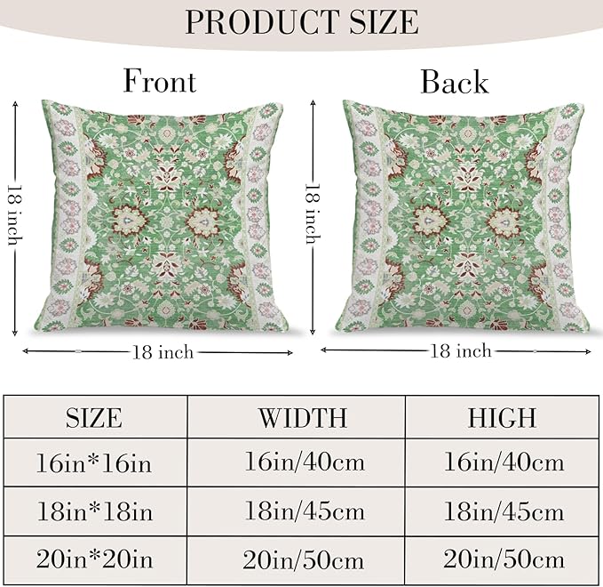 Boho Floral Throw Pillow Covers 18x18 inch Set of 2,Green Boho Rug Geometric Floral Pattern Decor Double Sided Pattern Cushion Cover Soft Pillow Case Living Sofa Room Bed Square Pillow Cover