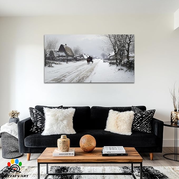 GUTTATY Christmas Winter Scene Canvas Wall Art, Countryside Snow Pictures, Rustic Wall Decor with Horse Carriage, Serene Canvas Painting for Living Room, Bedroom, Holiday Home Decor, 60x30 Inch