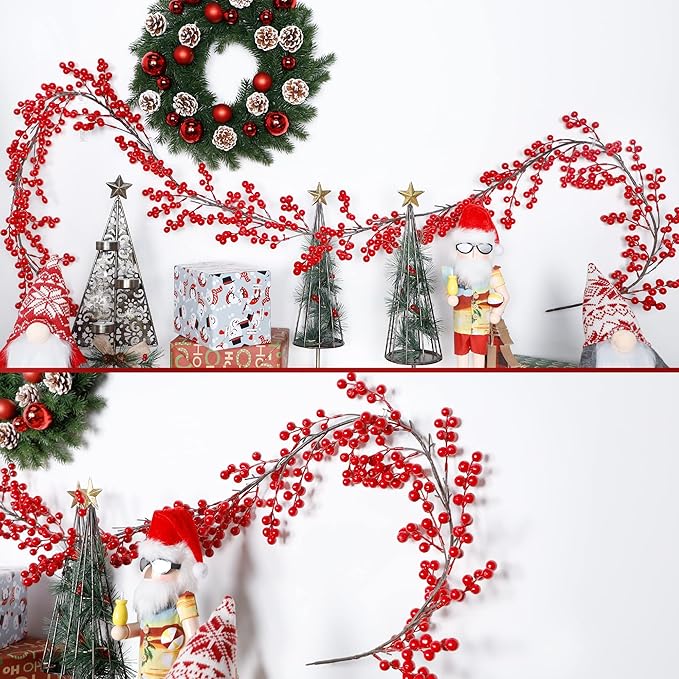 Lulu Home 2 Packs Red Berry Garland, 8.9FT Flexible Artificial Christmas Holly Berry Vine, Winter Berry Garland for Mantle Xmas Tree Window Door Hanging Indoor Outdoor Holiday Decoration