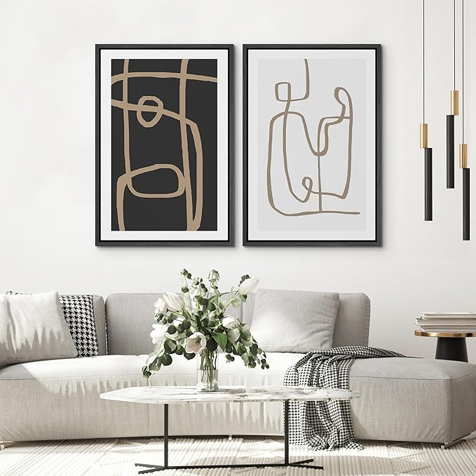 SIGNWIN Framed Canvas Print Wall Art Set Brown Geometric Spiral Pattern Collage Abstract Shapes Illustrations Modern Art Minimal Boho for Living Room, Bedroom, Office - 24"x36"x2 Black