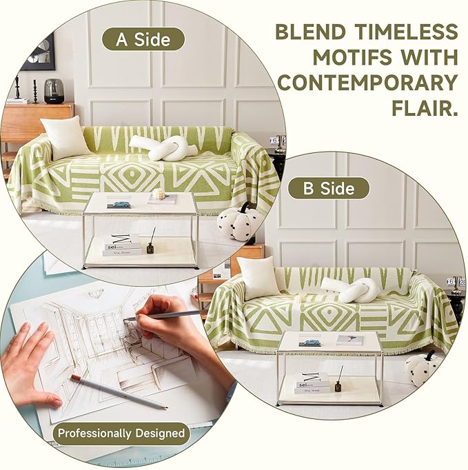 VClife Boho Couch Cover Soft Thick Chenille Couch Covers for Sectional Sofa, Bohemian Jacquard Couch Cover for 2 Cushion Couch Sofa Washable Breathable Furniture Protector, Green, 71"x118"