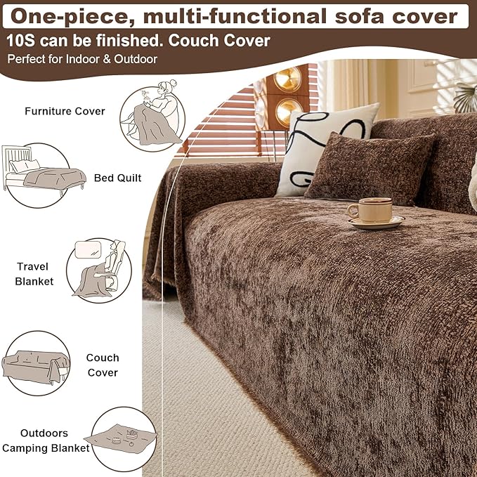 ROOMLIFE Couch Cover with Tassel Brown Chenille Sofa Cover Blanket for Sectional Sofa, Soft Sofa Slipcovers for L Shaped Love Seat 2-3 Cushion Couch Anti Slip Sofa Protector, 71"x118"