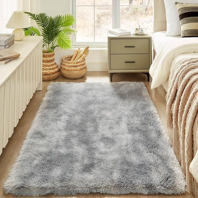 Floralux Rugs for Bedroom 3x5, Tie-Dyed Light Grey Area Rug for Living Room, Fluffy Shag Carpets, Non-Slip Indoor Floor Carpet for Kids Girls and Boys, Preppy Dorms, Nursery, Home Decor Aesthetic