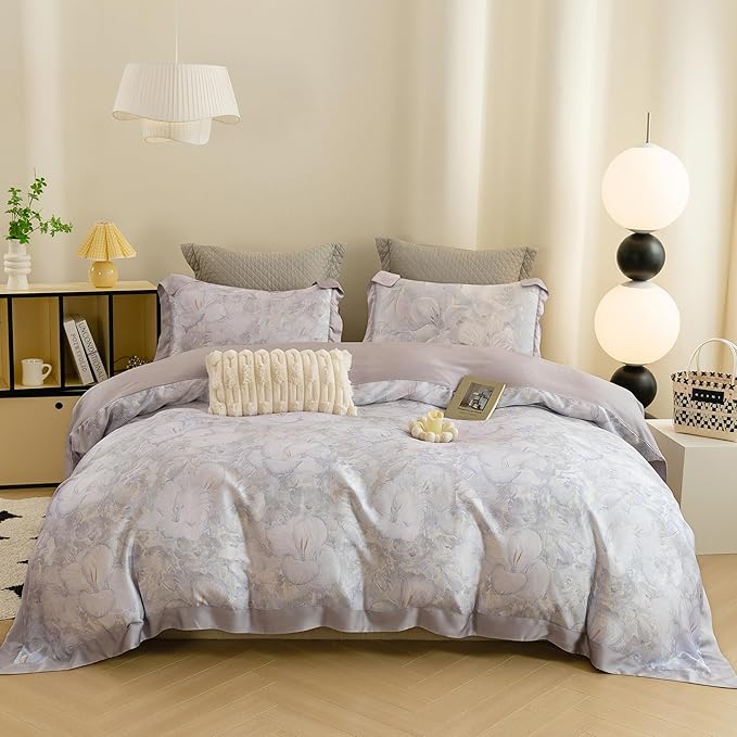 ECOCOTT Bedding 3-Piece Duvet Cover Queen Size, Silky Soft 100% Lyocell, Hypoallergenic & Eco-Friendly, Elegant Bloom (Soft Purple) Floral Pattern, Cooling & Breathable for Hot Sleepers