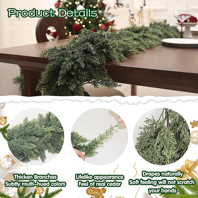 4PCS 9FT Artificial Cedar Garland for Christmas Decoration - Realistic Winter Greenery Garland for Mantel, Fireplace, Table, Door, Holiday Indoor Outdoor Decor
