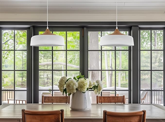Kira Home Riley 16" Retro Modern Pendant Light + White Metal Shade, Adjustable Hanging Height, Wood Finish Accent