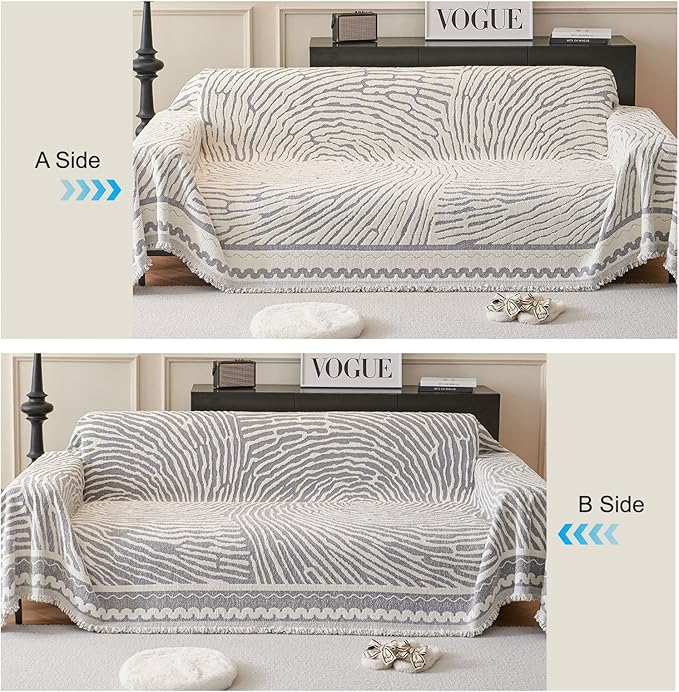 ROOMLIFE Thicked Striped Couch Cover with Tassel Gray Chenille Sofa Cover Blanket for Sectional Sofa, Soft Sofa Slipcovers for L Shaped Love Seat 2-3 Cushion Couch Anti Slip Sofa Protector, 71"x134"