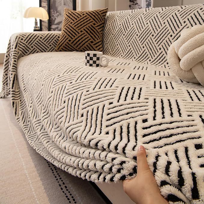ROOMLIFE Striped Boho Black Couch Cover for 2-3 Cushion Sofa, Fuzzy Plush Warm Sofa Slipcovers Sectional Sofas Covers, Non Slip Washable Furniture Protector Soft with Tassel,Winter 71''X150”