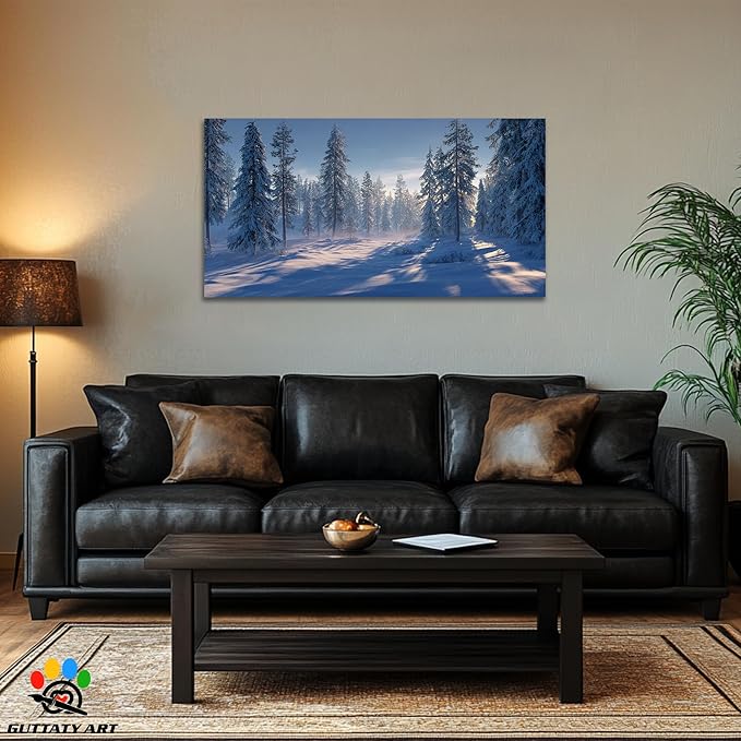 GUTTATY Christmas Winter Scene Canvas Wall Art, Snowy Forest Wall Decor, Serene Pine Tree Canvas Painting, Peaceful Pictures for Living Room, Bedroom, Office, Holiday Decoration, 48x24 Inch