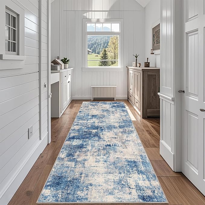 2.6x8 Modern Abstract Rug Washable Area Rugs for Living Room Bedroom Dining Room Non-Slip Low Pile Neutral Large Rug Soft Indoor Floor Carpet, Blue