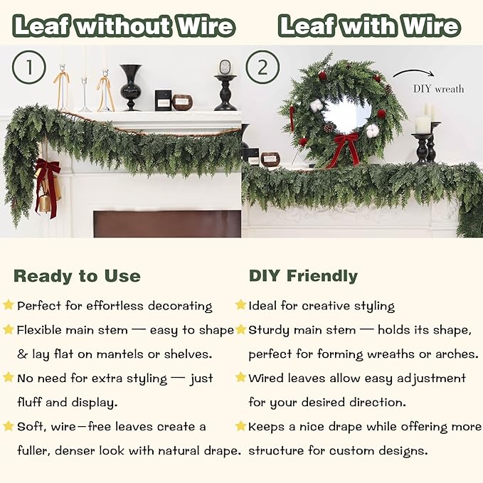 4PCS 9FT Artificial Cedar Garland for Christmas Decoration - Realistic Winter Greenery Garland for Mantel, Fireplace, Table, Door, Holiday Indoor Outdoor Decor