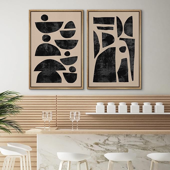 SIGNWIN Framed Canvas Print Wall Art Set Mid-Century Semi-Circle Polygons Variety Abstract Shapes Illustrations Modern Art Minimal Boho for Living Room, Bedroom, Office - 24"x36"x2 Natural