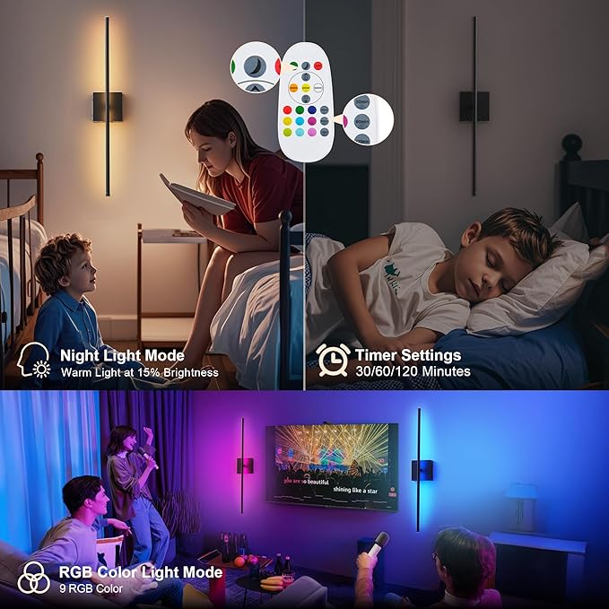 Battery Operated Wireless Wall Sconces Set of Two, with Remote, Dimmable, Warm White/Natural White/Daylight/RGB, 350°Rotate, LED Black Wireless Wall Light for Living Room, Bedroom, 32.2 Inch