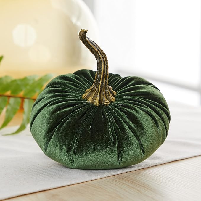 Set of 3 Velvet 6.25 Inch Pumpkins, orange pumpkin decor, Thanksgiving centerpiece, hygge home, elegant bookshelf accent, Halloween indoor decor, tiered tray accent for kitchen (Rust, Gold, Olive)