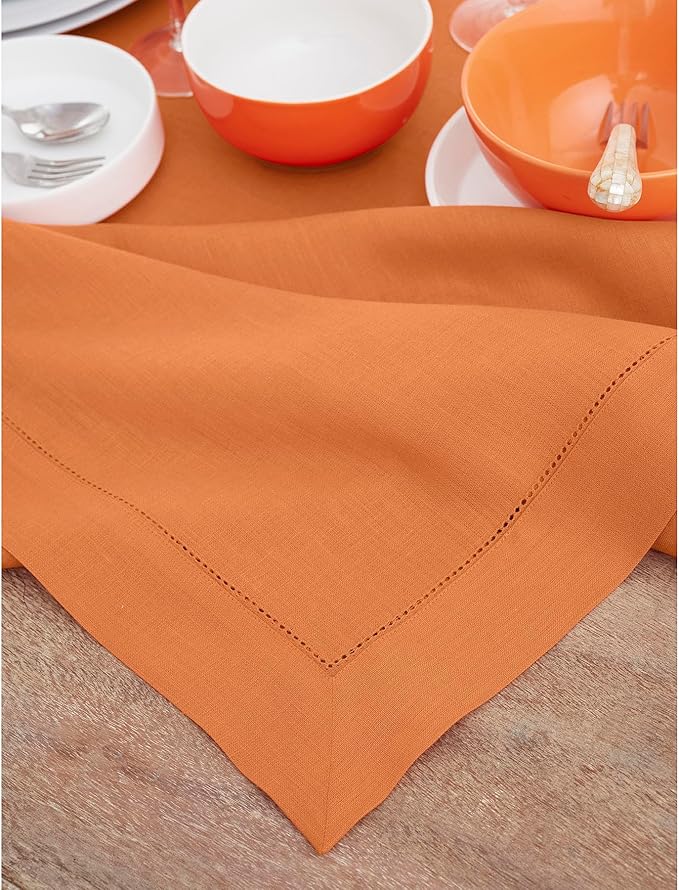 Solino Home Linen Tablecloth 60 x 90 Inch - Classic Hemstitch 100% Pure Linen Pumpkin Table Cloth for Rectangle Tables - Machine Washable Tablecloth for Fall, Autumn, Thanksgiving, Holiday