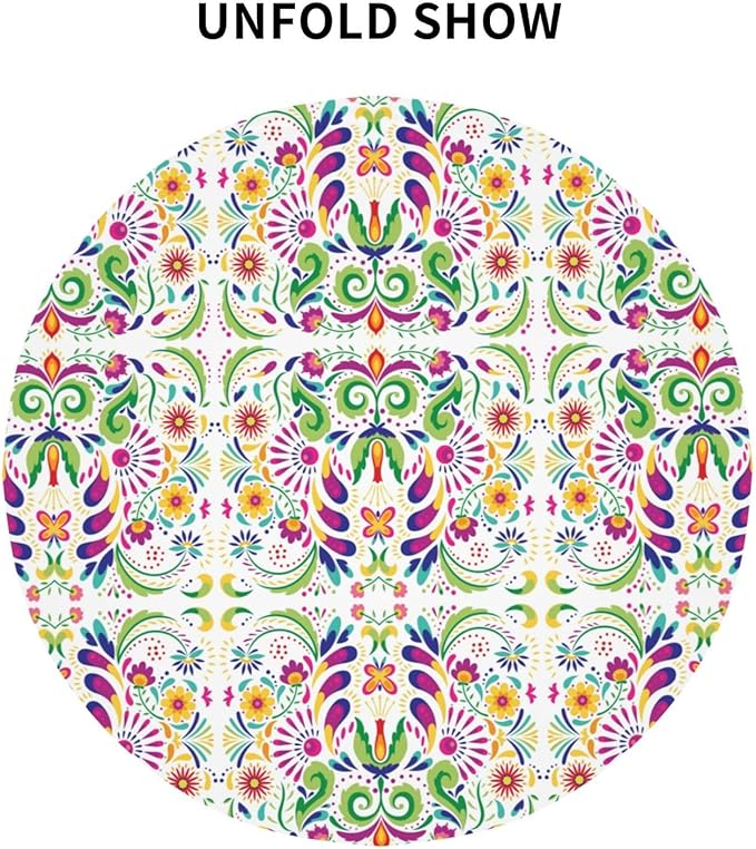 Mexican Round Tablecloth, Traditional Floral Dia De Los Muertos Azulejo Mosaic Mexico Water Resisitant Table Cover for Dining Kitchen Living Room Home Party Holiday Decor 36 inch Round