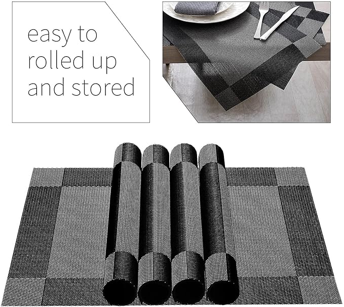 AHHFSMEI Placemats for Dining Table Set of 6 Woven Vinyl Plastic Place Mats Non-Slip Heat Insulation Stain Resistant Table Mats Washable Easy Clean Placemats (Black Corner)