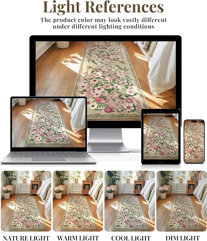 Floral Runner Rug 2x6 - Washable Vintage Kitchen Rug Low Pile Non-Slip Carpet for Entryway Hallway, Laundry, Bedroom - Soft, Stain Resistant Indoor Area Rug - Brown
