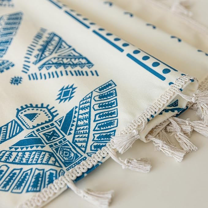 Boho Curtains Geometric Light Filtering Semi-Blackout Window Curtains 54 Inches Long Rod Pocket Drapes for Living Room 2 Panels-Blue Totem
