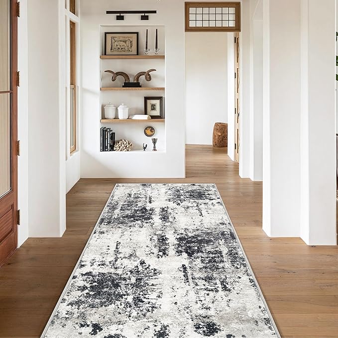 Runner Rug 2x6 Washable Runners, Modern Abstract Hallway Rugs Non-Slip Soft Kitchen Runner Stain Resistant Runners for Hallways, Entryway, Foyer, Bedroom, Laundry Room(Black,2'x6')
