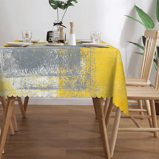 Yellow Grey Tablecloth Abstract Oil Painting Rectangle Tablecloth Modern Grey White and Yellow Art Painting Doodles Table Cover 54×72 Inch Washable Table Cloth for Kitchen Dining Room Party