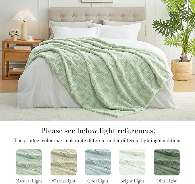 Amélie Home Luxury Striped Faux Fur Throw Blanket for Bed Queen Size, Soft Cozy Fuzzy Fluffy Plush Gift Blankets for Women, 88"x90", Sage Green