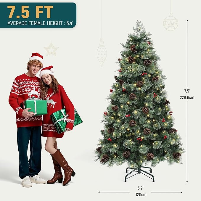 YITAHOME 7.5ft Prelit Carolina Pine Christmas Tree with Remote, Artificial Green Hinged Christmas Tree w/ 1200 Mixed Tips, Pine Needles, 45 Pinecones, 48 Red Berries, 400 Lights & 11 Modes