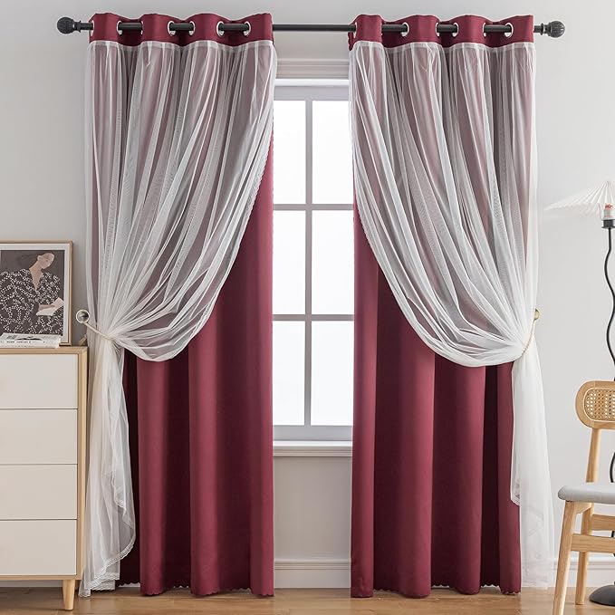 Anytime Home Curtains Blackout and Sheer Layered Solid Window Curtain Panel Pair with Grommet Top, 52Wx95L,Wine Red