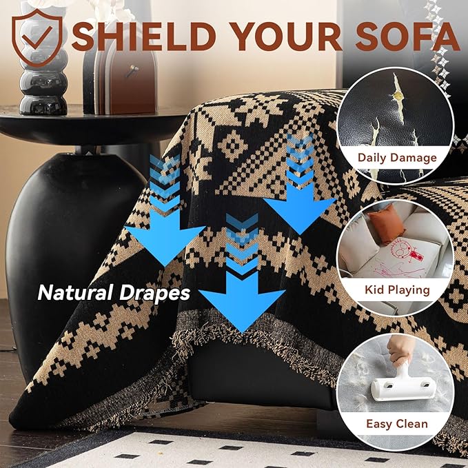 VClife Boho Couch Cover for Sofa, Anti Slip Chenille Sofa Cover for Sectional Sofa - 1 Piece Black Khaki Geometry Jacquard Sofa Slipcover, Pet-Friendly Couch Cushion Cover with Tassel 71"x 150"