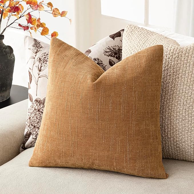 Foindtower Set of 2 Soft Textured Chenille Throw Decorative Pillow Covers Square Accent Solid Cushion Cover Neutral Farmhouse Pillow Case for Couch Sofa Bedroom Living Room 16x16 Inch,Golden Brown